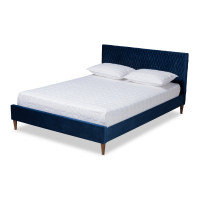 Baxton Studio BBT6830-Navy Blue/Walnut-Queen Frida Glam and Luxe Royal Blue Velvet Fabric Upholstered Queen Size Bed